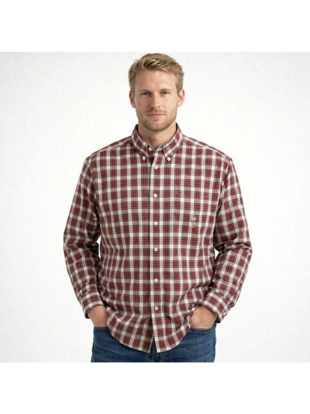 Tommy Hilfiger Shirt Button Down Mens L Plaid Red Navy Blue Long Sleeves Check